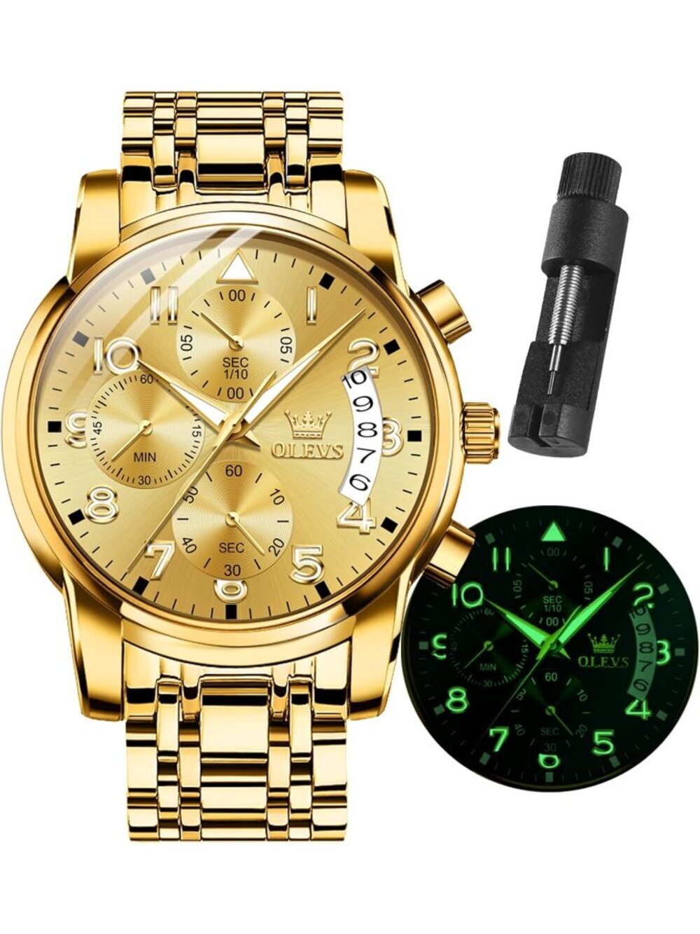 Olevs Men's All Gold Multifunction Waterproof Luminous Chronograph Wrist Watch